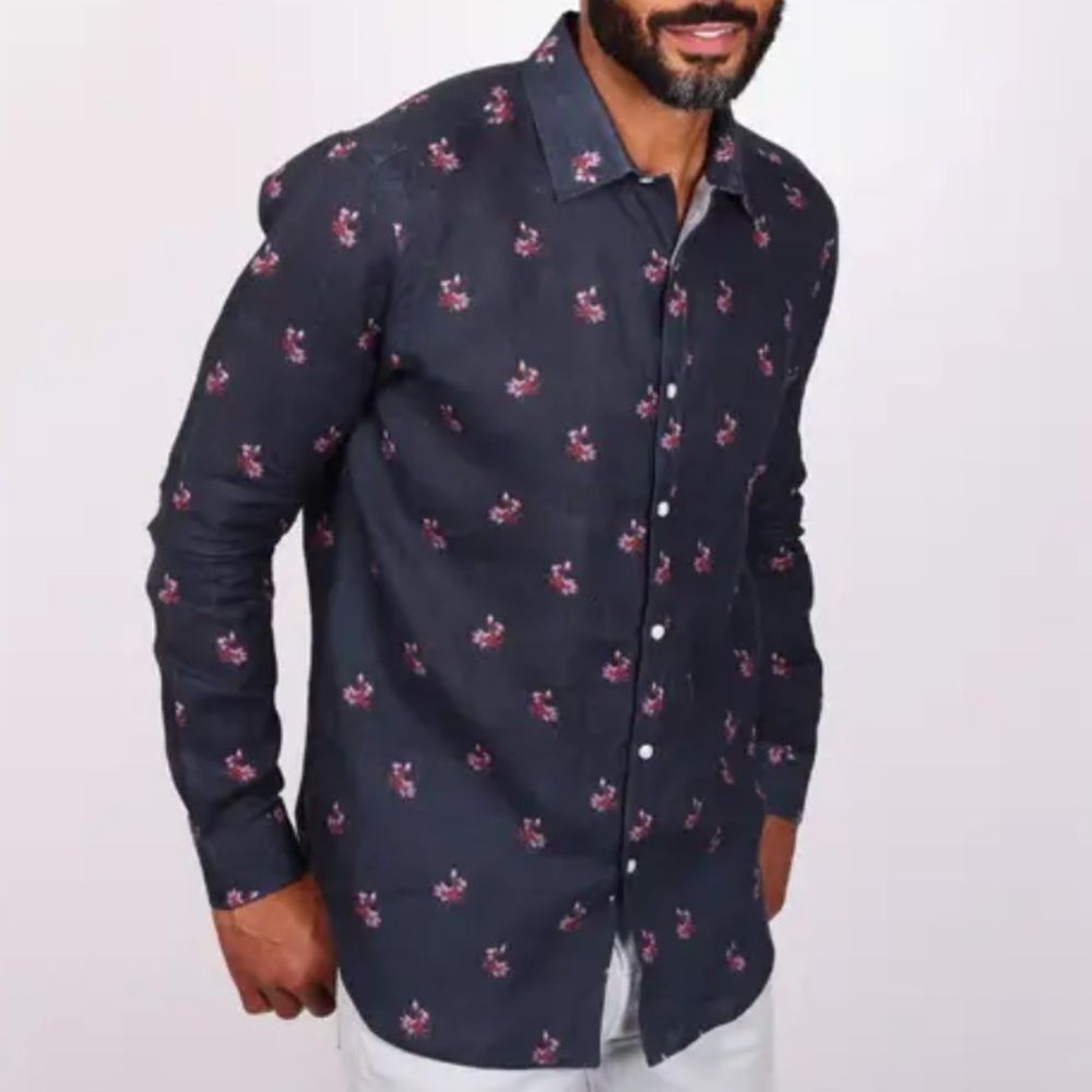 Stitch Note Night Sky European Linen Blue Pink Floral Button Boutique Shirt NEW